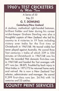 1992 County Print Services 1960's Test Cricketers #31 Graham Dowling Back