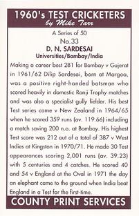 1992 County Print Services 1960's Test Cricketers #33 Dilip Sardesai Back