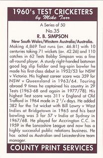 1992 County Print Services 1960's Test Cricketers #35 Bob Simpson Back
