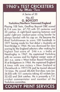 1992 County Print Services 1960's Test Cricketers #40 Geoff Boycott Back