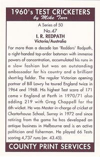 1992 County Print Services 1960's Test Cricketers #47 Ian Redpath Back