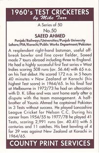 1992 County Print Services 1960's Test Cricketers #50 Saeed Ahmed Back
