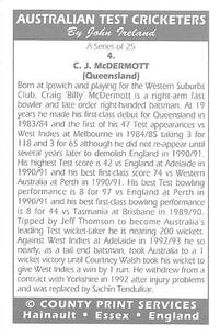 1993 County Australian Test Cricketers #4 Craig McDermott Back