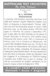 1993 County Australian Test Cricketers #11 Matt Hayden Back