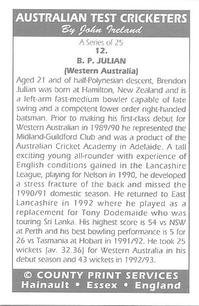 1993 County Australian Test Cricketers #12 Brendon Julian Back