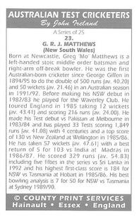 1993 County Australian Test Cricketers #23 Greg Matthews Back