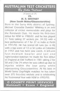 1993 County Australian Test Cricketers #25 Mike Whitney Back