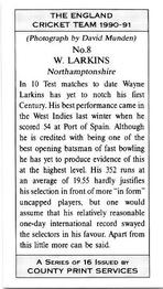 1990-91 County Print Services The England Cricket Team #8 Wayne Larkins Back