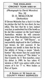 1990-91 County Print Services The England Cricket Team #10 Devon Malcolm Back