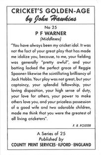 1991 County Print Services Cricket Golden Age #25 Pelham Warner Back