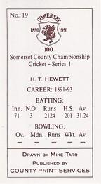 1991 County Print Services Somerset County Championship Cricket Series 1 #19 Herbert Hewett Back