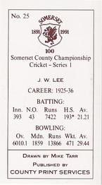 1991 County Print Services Somerset County Championship Cricket Series 1 #25 Jack Lee Back
