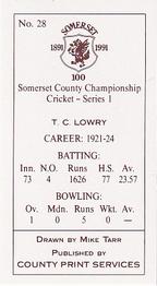 1991 County Print Services Somerset County Championship Cricket Series 1 #28 Thomas Lowry Back