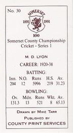 1991 County Print Services Somerset County Championship Cricket Series 1 #30 Dar Lyon Back