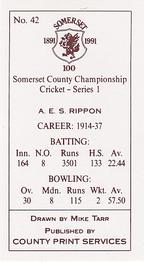 1991 County Print Services Somerset County Championship Cricket Series 1 #42 Sydney Rippon Back