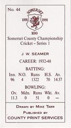 1991 County Print Services Somerset County Championship Cricket Series 1 #44 Jake Seamer Back