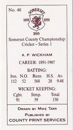 1991 County Print Services Somerset County Championship Cricket Series 1 #48 Archie Wickham Back