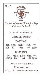 1991 County Print Services Somerset County Championship Cricket Series 2 #2 Colin Atkinson Back