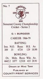 1991 County Print Services Somerset County Championship Cricket Series 2 #7 Graham Burgess Back