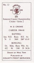 1991 County Print Services Somerset County Championship Cricket Series 2 #12 Martin Crowe Back