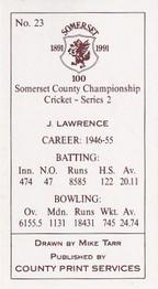 1991 County Print Services Somerset County Championship Cricket Series 2 #23 Johnny Lawrence Back