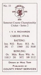 1991 County Print Services Somerset County Championship Cricket Series 2 #33 Viv Richards Back
