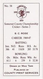 1991 County Print Services Somerset County Championship Cricket Series 2 #38 Brian Rose Back
