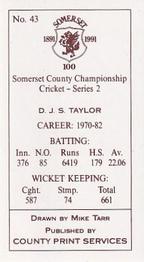 1991 County Print Services Somerset County Championship Cricket Series 2 #43 Derek Taylor Back