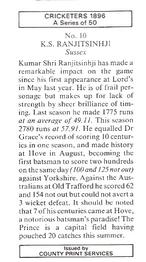 1989 County Print Services 1896 Cricketers #10 K.S. Ranjitsinhji Back