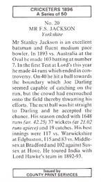 1989 County Print Services 1896 Cricketers #20 Stanley Jackson Back