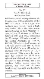 1989 County Print Services 1896 Cricketers #27 Walter Attewell Back