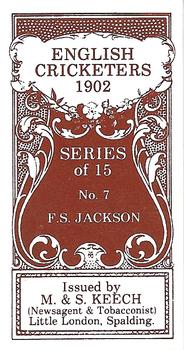 1986 M. & S. Keech 1902 English Cricketers #7 Stanley Jackson Back