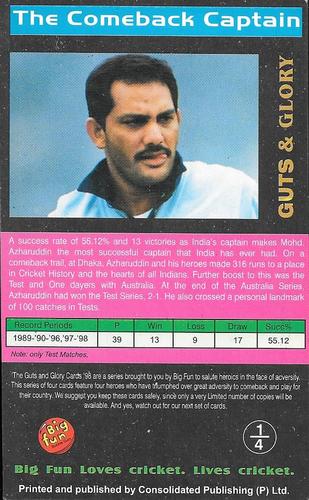 1998 Big Fun Bubble Gum Guts & Glory Cricket #1 Mohammad Azharuddin Back