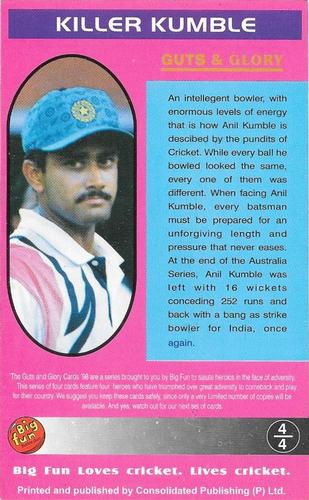 1998 Big Fun Bubble Gum Guts & Glory Cricket #4 Anil Kumble Back