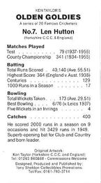 1998 Tony Sheldon Olden Goldies 20 Famous Cricketers #7 Len Hutton Back