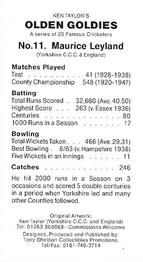 1998 Tony Sheldon Olden Goldies 20 Famous Cricketers #11 Maurice Leyland Back