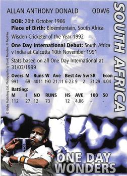 1999 Topdraw Cricketers One Day Wonders/One Day Masters #ODW6 Allan Donald Back