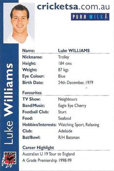 2000-01 South Australia Redbacks #NNO Luke Williams Back