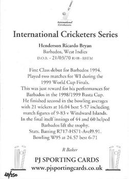 2000 PJ Sporting International Cricketers #NNO Hendy Bryan Back