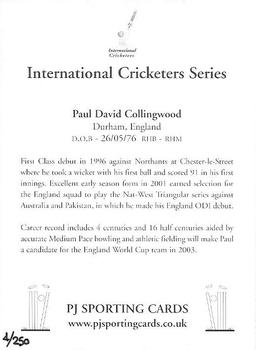 2000 PJ Sporting International Cricketers #NNO Paul Collingwood Back