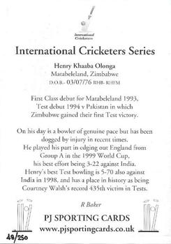 2000 PJ Sporting International Cricketers #NNO Henry Olonga Back