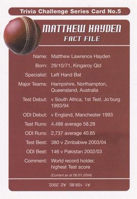 2004-05 Australian Cricket Board Trivia Challenge #5 Matthew Hayden Back