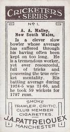 1926 J.A. Pattreiouex Cricketers #1 Arthur Mailey Back