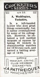 1926 J.A. Pattreiouex Cricketers #33 Abraham Waddington Back