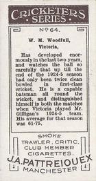 1926 J.A. Pattreiouex Cricketers #64 Bill Woodfull Back