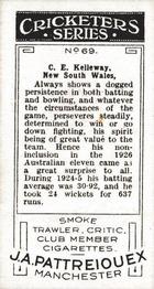 1926 J.A. Pattreiouex Cricketers #69 Charlie Kelleway Back