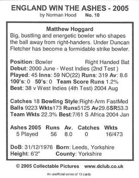 2005 Collectable Pictures The Ashes #10 Matthew Hoggard Back