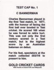 2011 Gold Cricket Cards Test Match No.1 Australia #1 Charles Bannerman Back