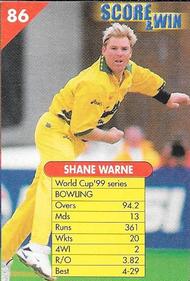 1999 Center Fresh Gum Cricket #86 Shane Warne Front