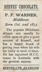 1912 Reeve's Chocolate Cricketers #3 Plum Warner Back